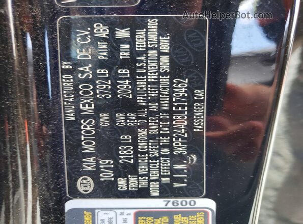 3KPF24AD8LE179462 2020 KIA FORTE Black Widok naklejki z numerem VIN