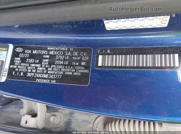 3KPF24AD8ME343777 2021 KIA FORTE Blue Vista del compartimento del motor