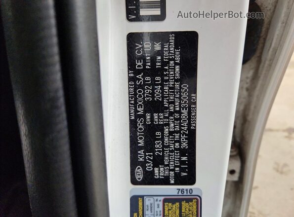 3KPF24AD8ME350650 2021 KIA FORTE White Вид підкапотного простору