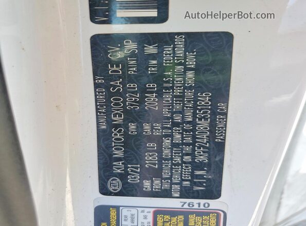 3KPF24AD8ME351846 2021 KIA FORTE White ძრავის განყოფილების ხედი