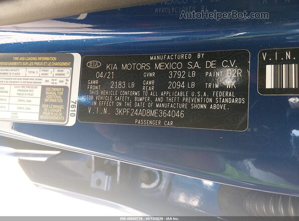 3KPF24AD8ME364046 2021 KIA FORTE Blue Widok komory silnika