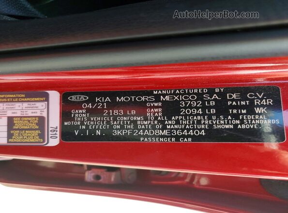 3KPF24AD8ME364404 2021 KIA FORTE Red Widok komory silnika