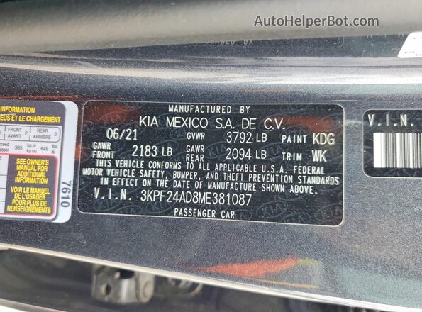 3KPF24AD8ME381087 2021 KIA FORTE Gray Widok naklejki z numerem VIN