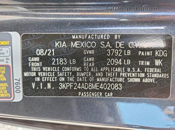 3KPF24AD8ME402083 2021 KIA FORTE Charcoal Вид підкапотного простору