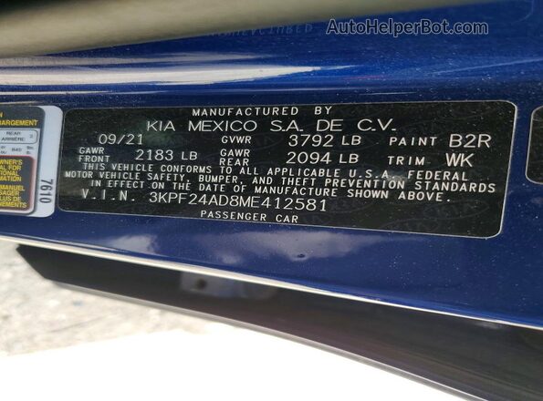 3KPF24AD8ME412581 2021 KIA FORTE Blue Widok naklejki z numerem VIN