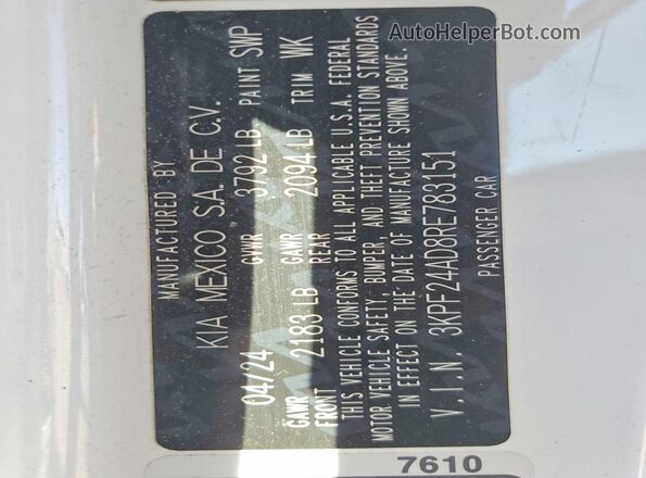 3KPF24AD8RE783151 2024 KIA FORTE White Vista de la etiqueta del VIN
