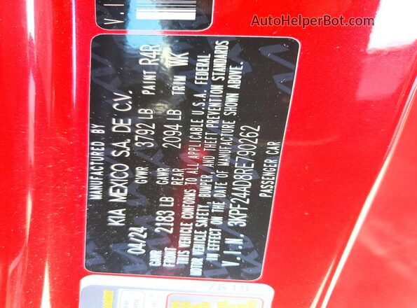3KPF24AD8RE790262 2024 KIA FORTE Red ძრავის განყოფილების ხედი