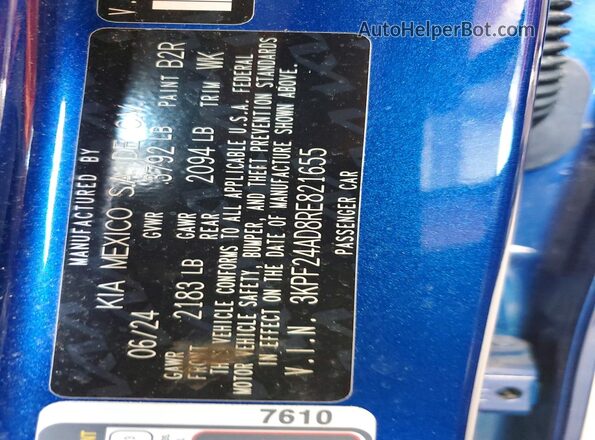 3KPF24AD8RE821655 2024 KIA FORTE Blue Widok komory silnika