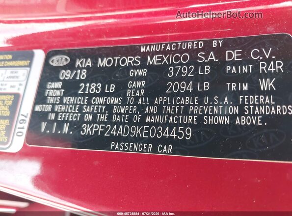 3KPF24AD9KE034459 2019 KIA FORTE Red Շարժիչի բաժամունքի տեսք