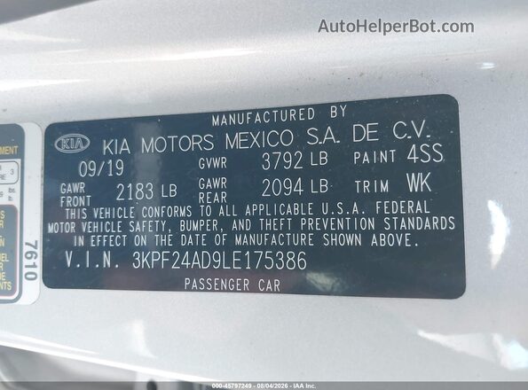 3KPF24AD9LE175386 2020 KIA FORTE Silver Շարժիչի բաժամունքի տեսք