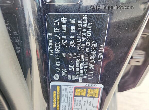 3KPF24AD9ME289874 2021 KIA FORTE Черный Вид наклейки с VIN-кодом
