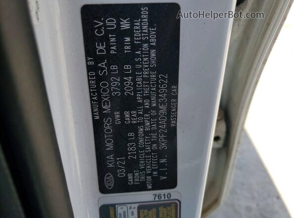 3KPF24AD9ME349622 2021 KIA FORTE Белый Вид наклейки с VIN-кодом