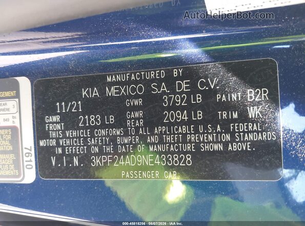 3KPF24AD9NE433828 2022 KIA FORTE Blue Вид підкапотного простору