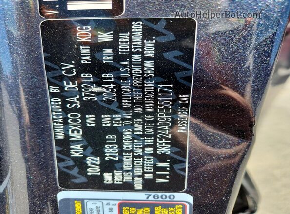 3KPF24AD9PE551171 2023 KIA FORTE Charcoal VIN კოდის სტიკერის ხედი