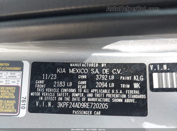 3KPF24AD9RE720205 2024 KIA FORTE Gray Շարժիչի բաժամունքի տեսք