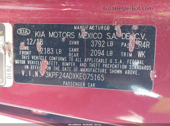 3KPF24ADXKE075165 2019 KIA FORTE Red Vista del compartimento del motor