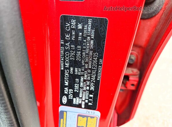 3KPF24ADXLE206435 2020 KIA FORTE Red Շարժիչի բաժամունքի տեսք