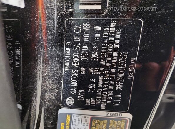 3KPF24ADXLE207522 2020 KIA FORTE Black VIN კოდის სტიკერის ხედი