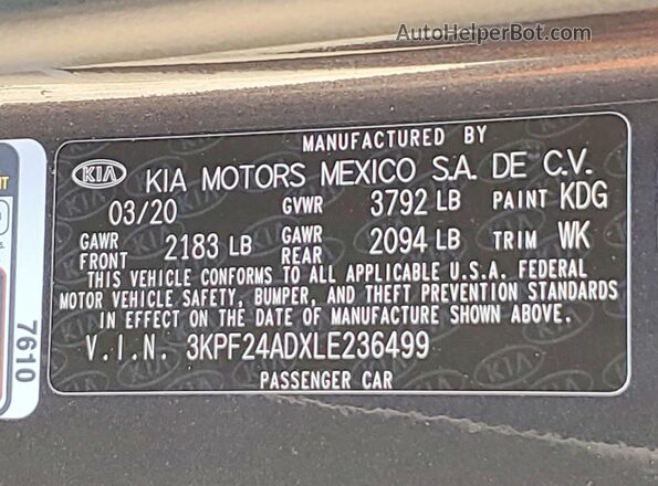 3KPF24ADXLE236499 2020 KIA FORTE Charcoal Вид наклейки з VIN-кодом