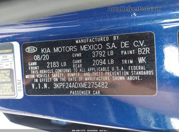 3KPF24ADXME275482 2021 KIA FORTE Blue ძრავის განყოფილების ხედი