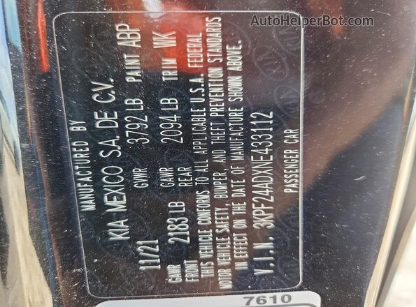 3KPF24ADXNE433112 2022 KIA FORTE Black Vista de la etiqueta del VIN