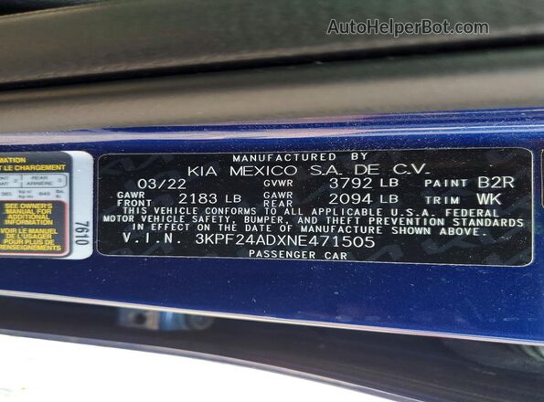 3KPF24ADXNE471505 2022 KIA FORTE Blue Engine compartment view