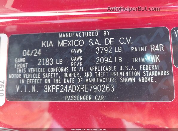 3KPF24ADXRE790263 2024 KIA FORTE Red Vista del compartimento del motor