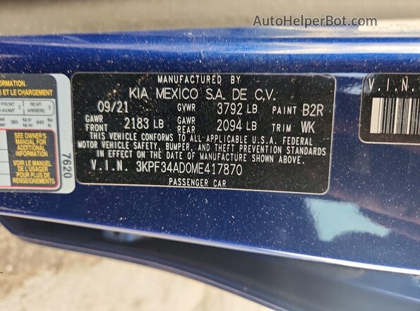 3KPF34AD0ME417870 2021 KIA FORTE Blue Vista del compartimento del motor