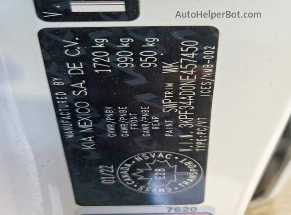 3KPF34AD0NE457450 2022 KIA FORTE White Vista de la etiqueta del VIN