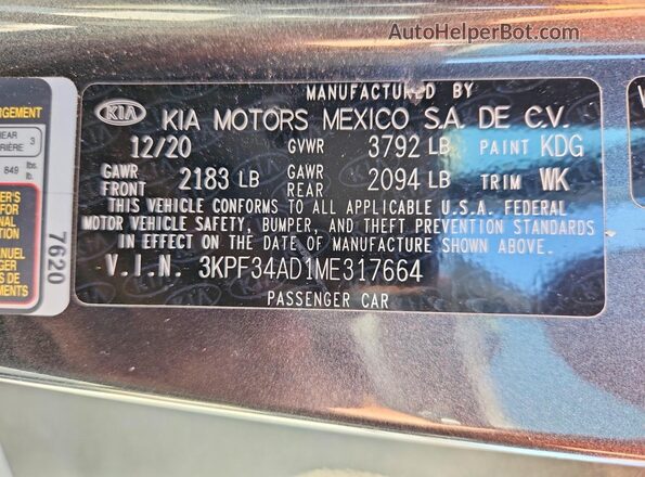3KPF34AD1ME317664 2021 KIA FORTE Gray VIN კოდის სტიკერის ხედი