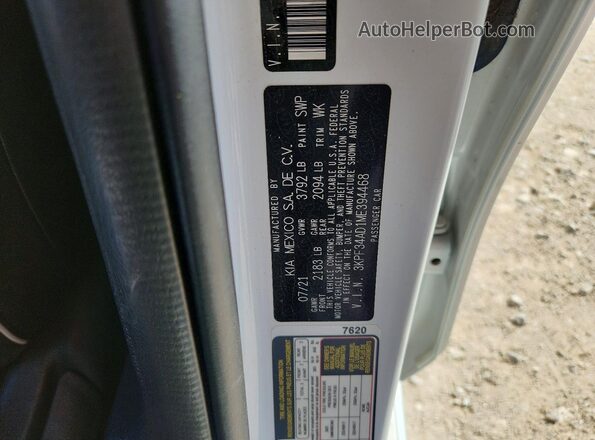 3KPF34AD1ME394468 2021 KIA FORTE White VIN sticker view