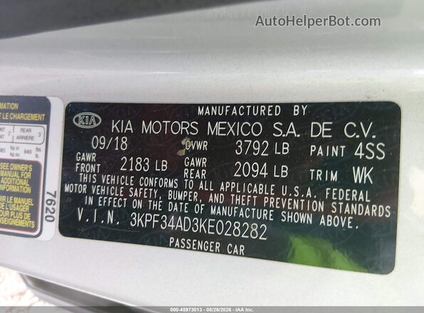 3KPF34AD3KE028282 2019 KIA FORTE Серебряный Вид подкапотного пространства