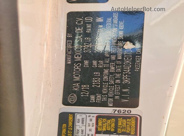 3KPF34AD3KE073416 2019 KIA FORTE White ძრავის განყოფილების ხედი