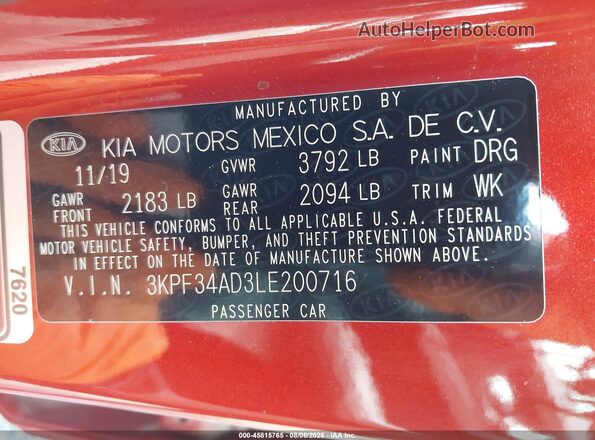 3KPF34AD3LE200716 2020 KIA FORTE Orange Շարժիչի բաժամունքի տեսք