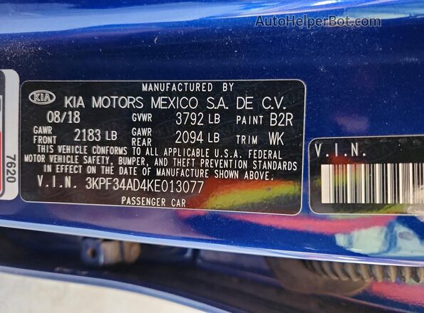 3KPF34AD4KE013077 2019 KIA FORTE Blue Widok naklejki z numerem VIN