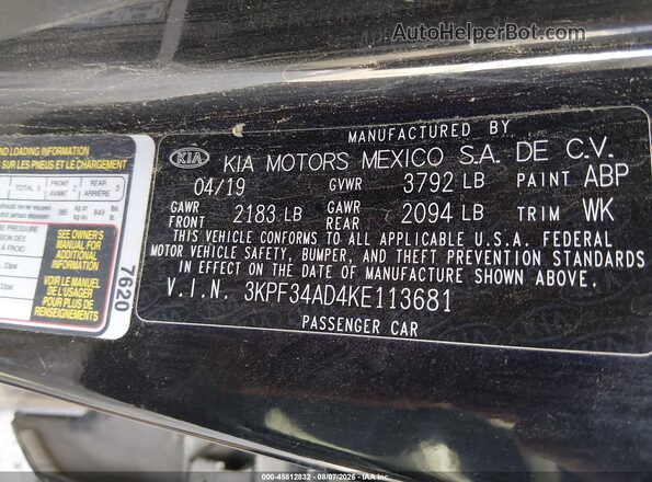 3KPF34AD4KE113681 2019 KIA FORTE Black ძრავის განყოფილების ხედი