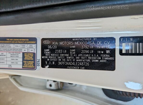 3KPF34AD4LE248726 2020 KIA FORTE White Widok naklejki z numerem VIN