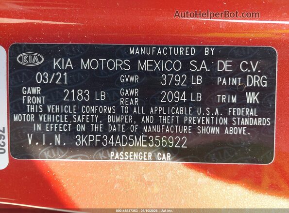 3KPF34AD5ME356922 2021 KIA FORTE Orange Вид підкапотного простору