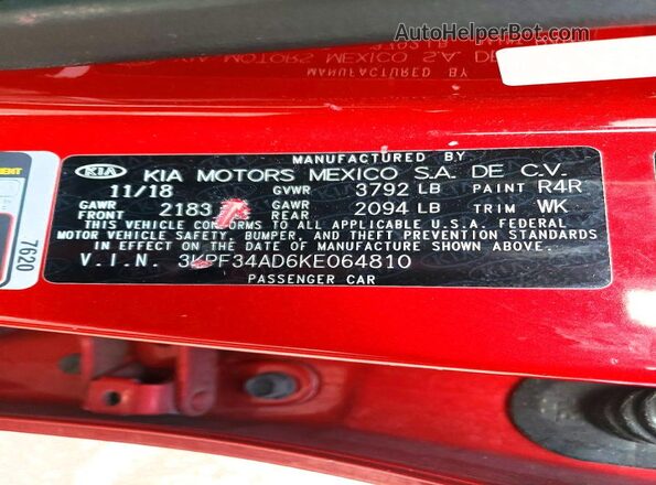 3KPF34AD6KE064810 2019 KIA FORTE Red Widok naklejki z numerem VIN