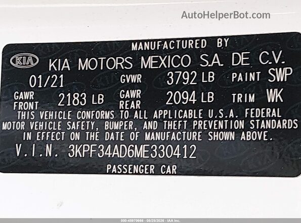 3KPF34AD6ME330412 2021 KIA FORTE White Widok komory silnika
