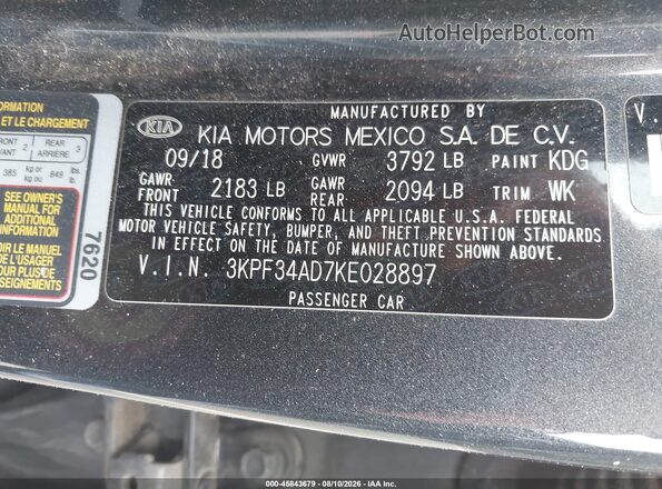 3KPF34AD7KE028897 2019 KIA FORTE Gray Vista del compartimento del motor