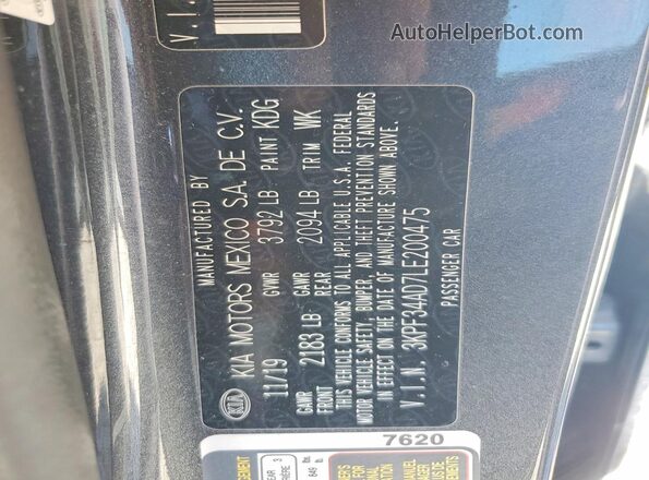 3KPF34AD7LE200475 2020 KIA FORTE Charcoal Vista de la etiqueta del VIN