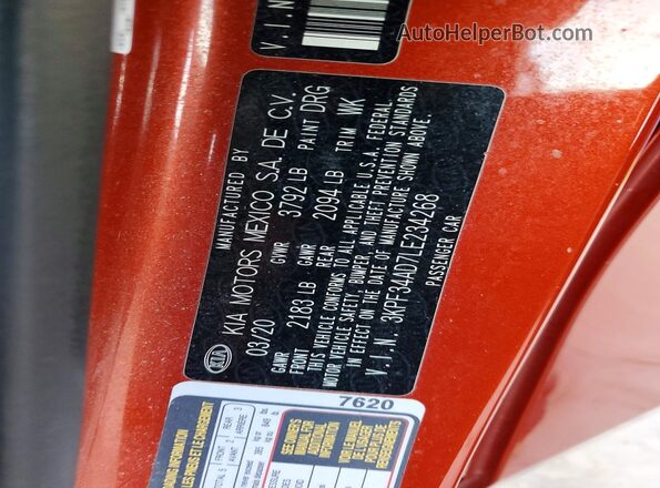 3KPF34AD7LE234268 2020 KIA FORTE Orange Vista del compartimento del motor