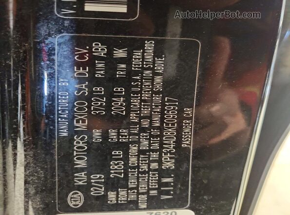 3KPF34AD8KE096917 2019 KIA FORTE Black Вид наклейки з VIN-кодом