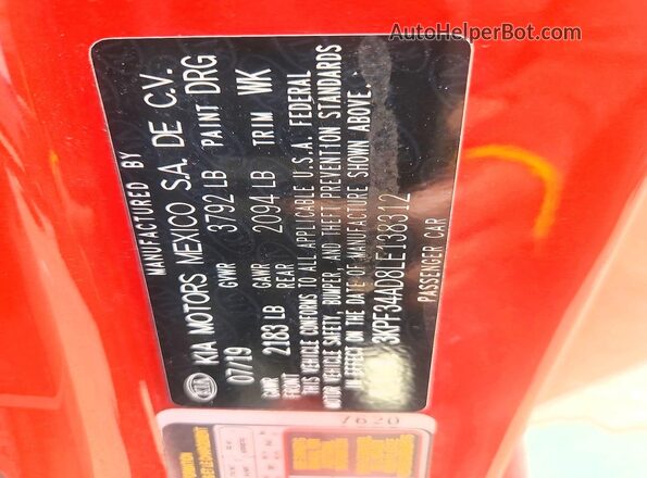 3KPF34AD8LE138312 2020 KIA FORTE Red Vista del compartimento del motor