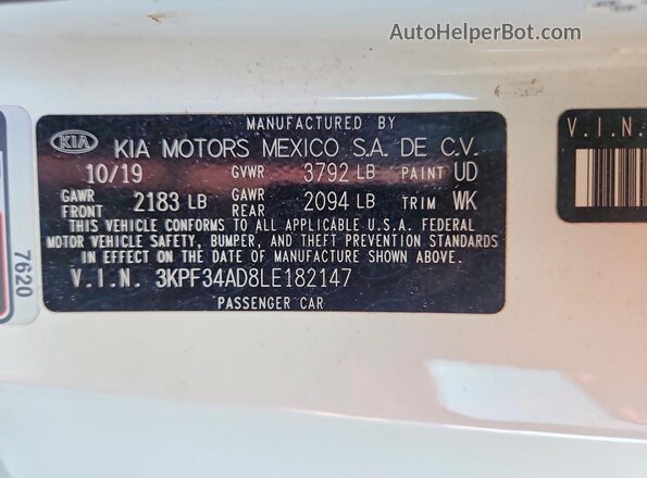 3KPF34AD8LE182147 2020 KIA FORTE White ძრავის განყოფილების ხედი