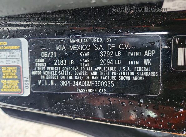 3KPF34AD8ME390935 2021 KIA FORTE Black Вид наклейки з VIN-кодом