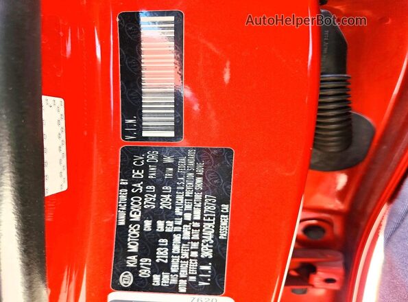 3KPF34AD9LE178737 2020 KIA FORTE Orange Vista de la etiqueta del VIN
