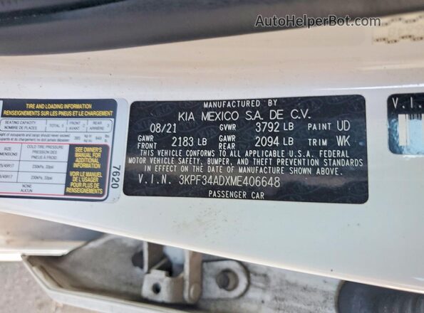 3KPF34ADXME406648 2021 KIA FORTE White Շարժիչի բաժամունքի տեսք