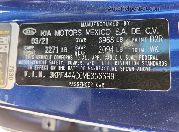 3KPF44AC0ME356699 2021 KIA FORTE Blue Vista del compartimento del motor